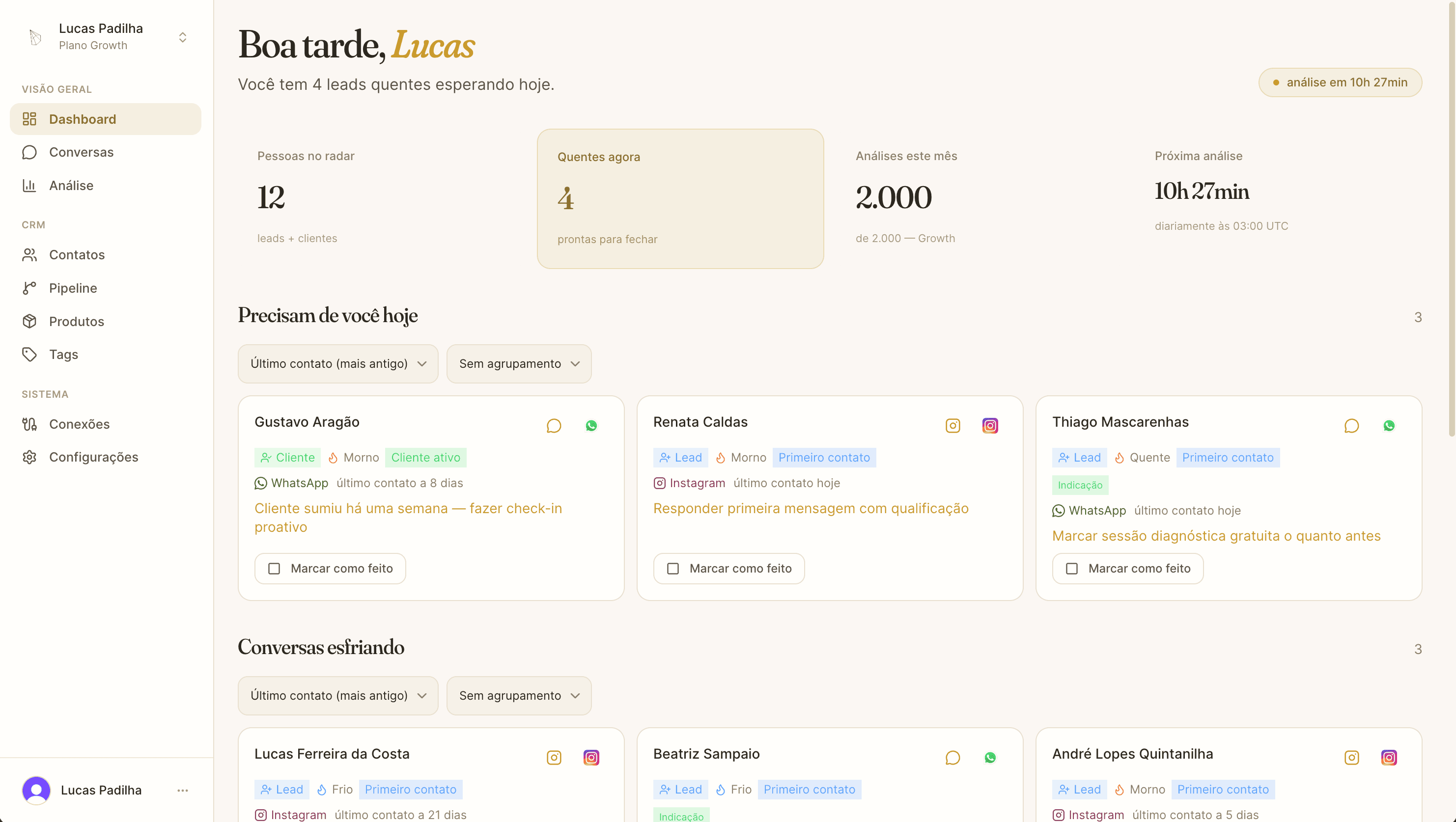Dashboard do Pharos: a fila de ação matinal que a IA preparou durante a noite
